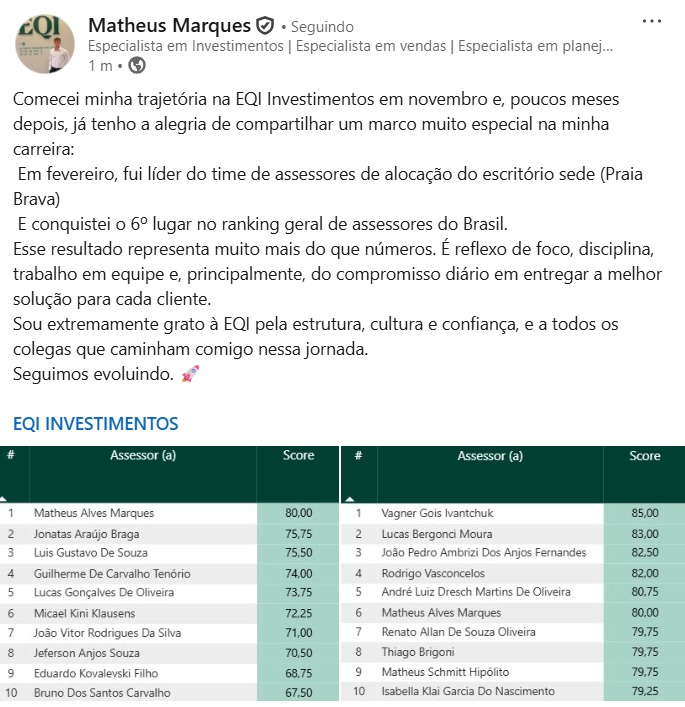 Post de Matheus Marques no LinkedIn sobre a GROWY